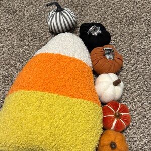 Candy Corn Plush Pillow with Decorative Pumpkins